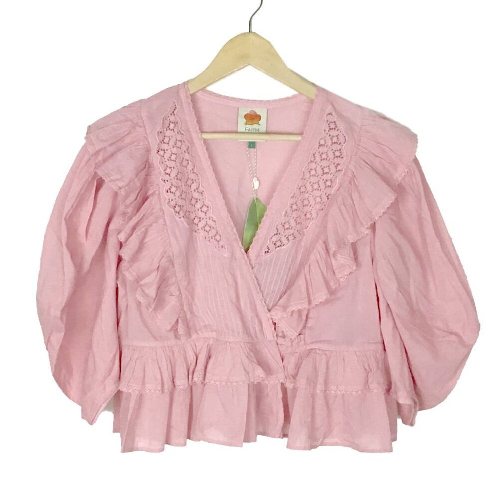 FARM Rio Blush Pink Puff Sleeve V-Neck Blouse - Picture 5 of 14